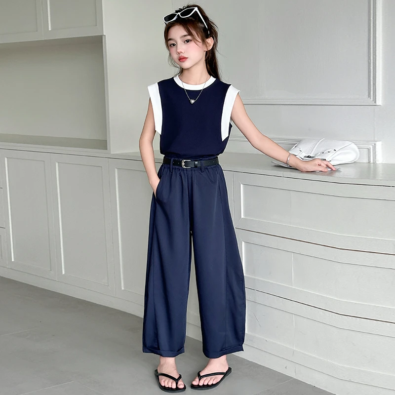 女童套装夏季2025夏装拼接无袖时尚潮流女孩中大童洋气儿童套装