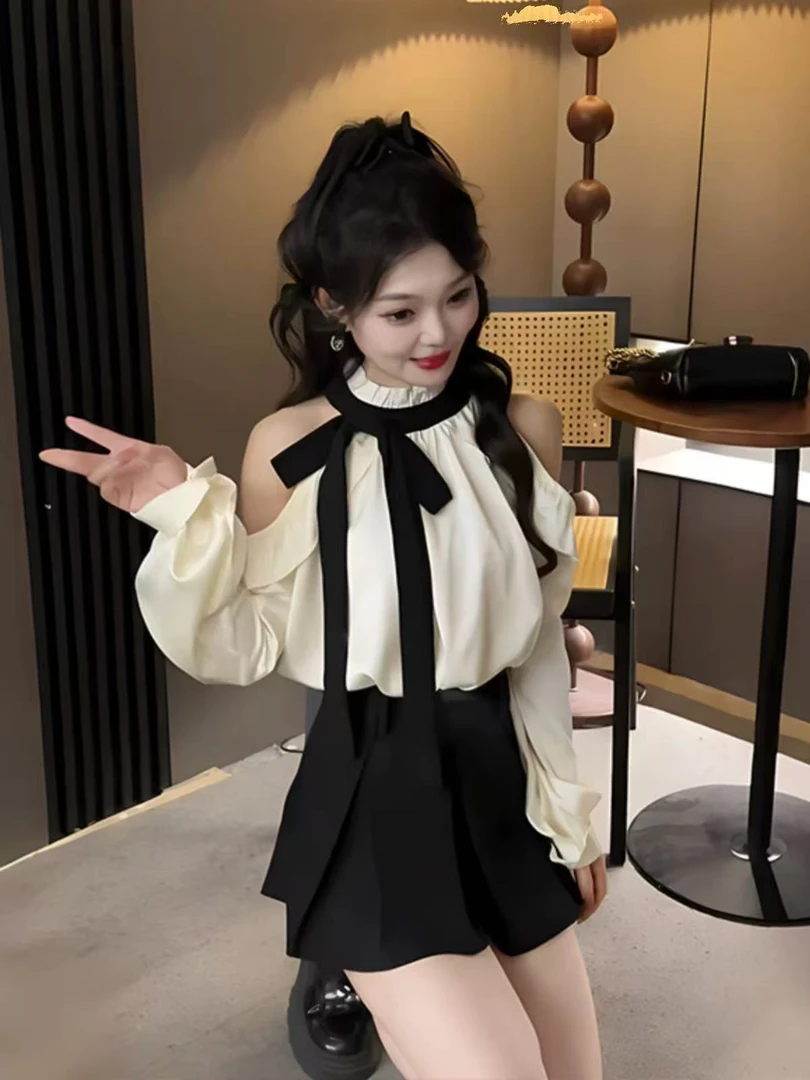 温柔风洋气甜美宽松百搭长袖撞色立领绑带露肩衬衫半身裙套装女