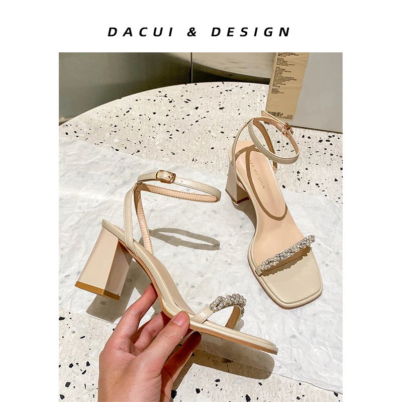 大崔女鞋小众设计高级感气质名媛后带露趾凉鞋女夏款粗跟高跟鞋