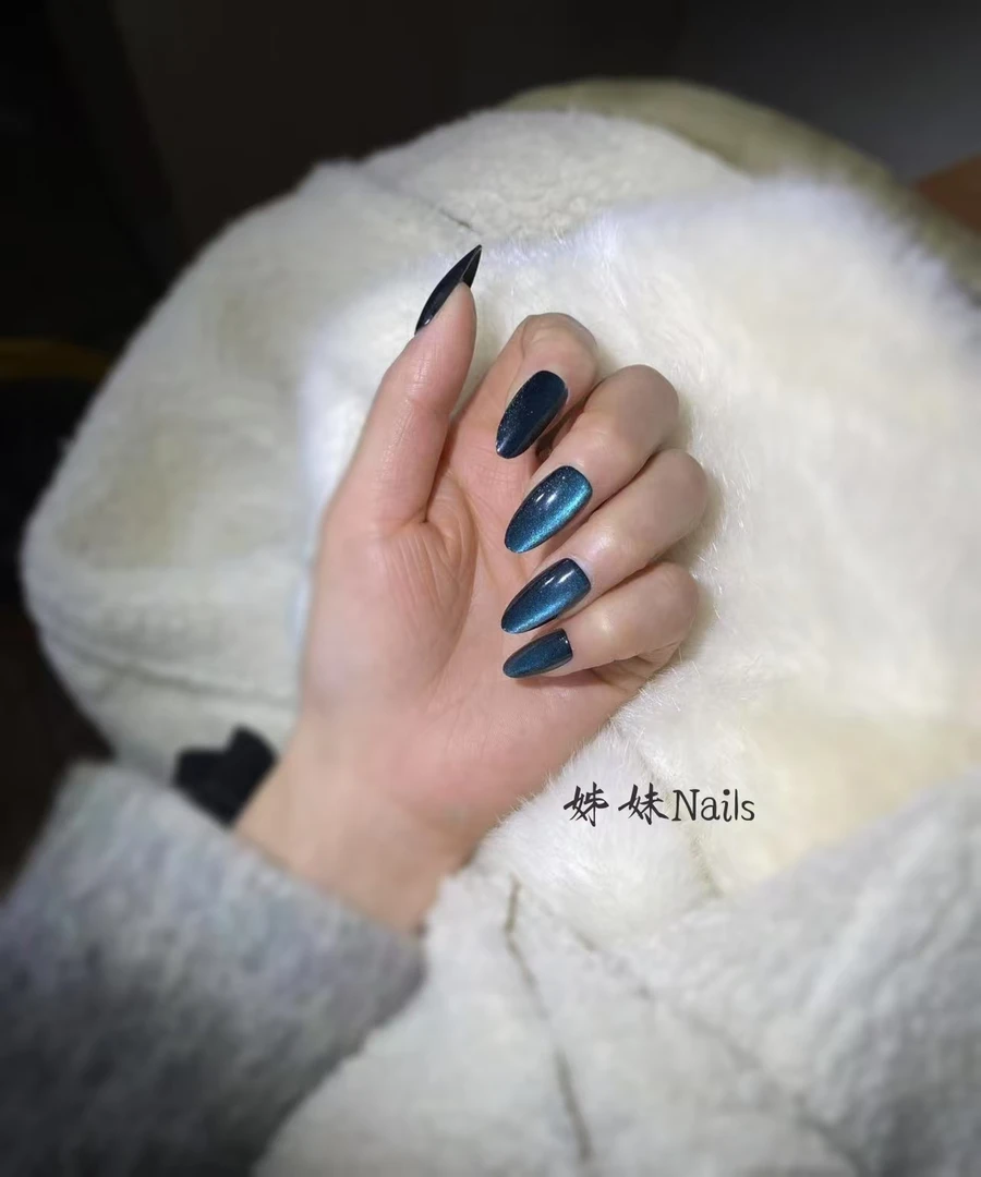 深邃蓝黑色猫眼半手工穿戴甲！玻璃珠款