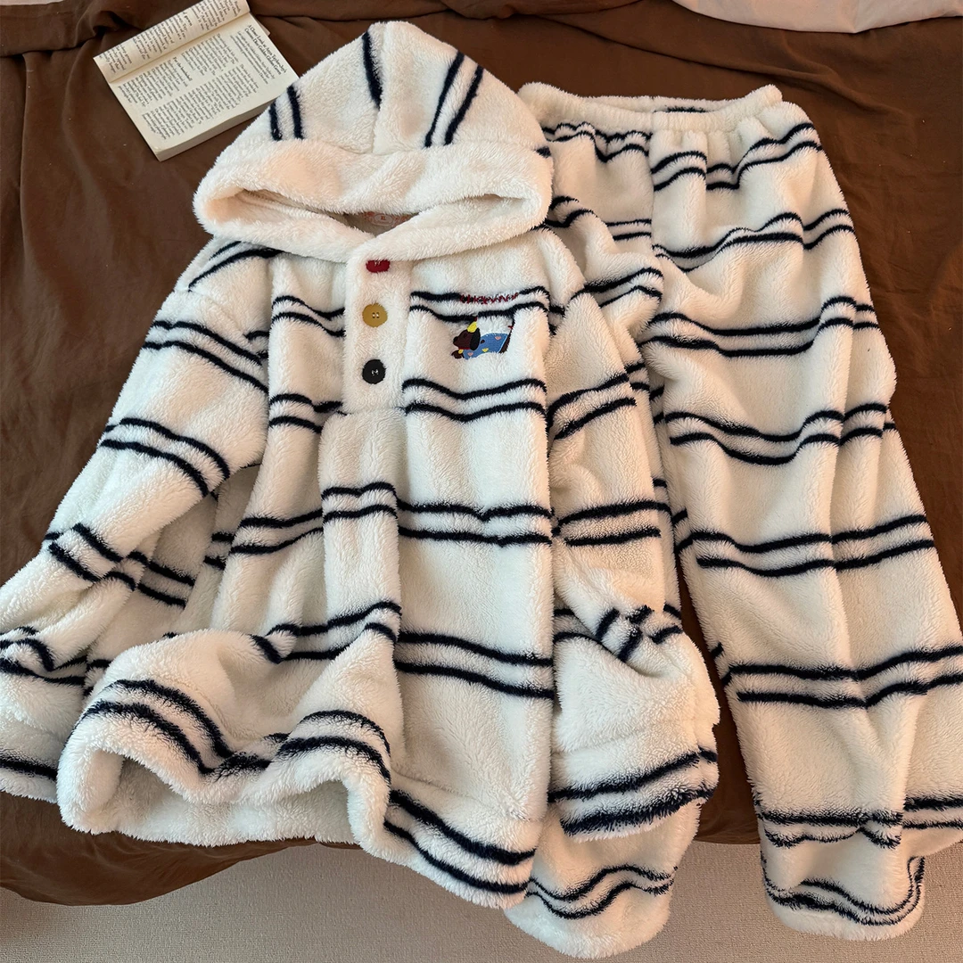连帽条纹睡衣女款冬季加厚保暖珊瑚绒卡通可爱小狗舒适家居服套装