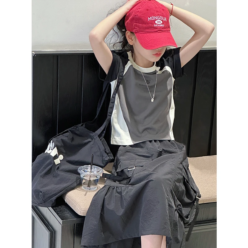 K28661潮酷拼接女童短袖T恤2025新款夏装辣妹儿童上衣修身休闲潮t