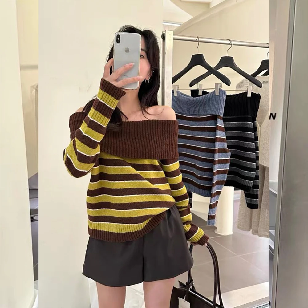 6-8运补撞色一字肩穿搭设计感露肩长袖显瘦百搭上衣翻领毛衣