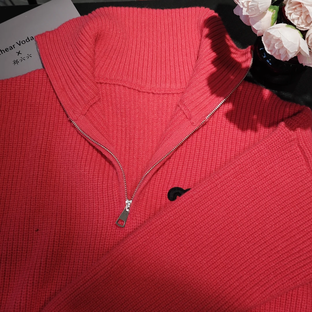 时尚经典红色针织毛衣高领毛衣半拉链翻领毛衣5108