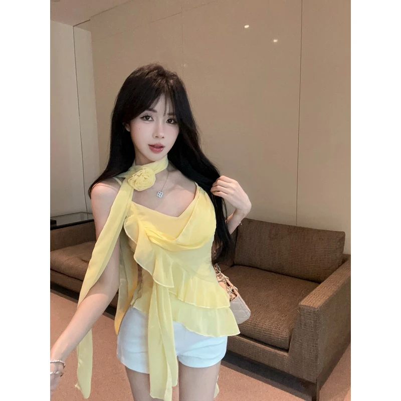 纯欲风立体花朵飘带荷叶边吊带夏纯欲温柔绝美上衣短款裤子两件套
