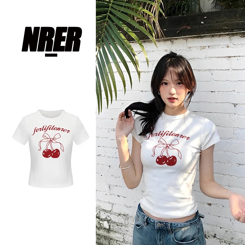 NRER韩系甜辣妹白色正肩短袖t恤女BM风时尚百搭修身显瘦圆领上衣