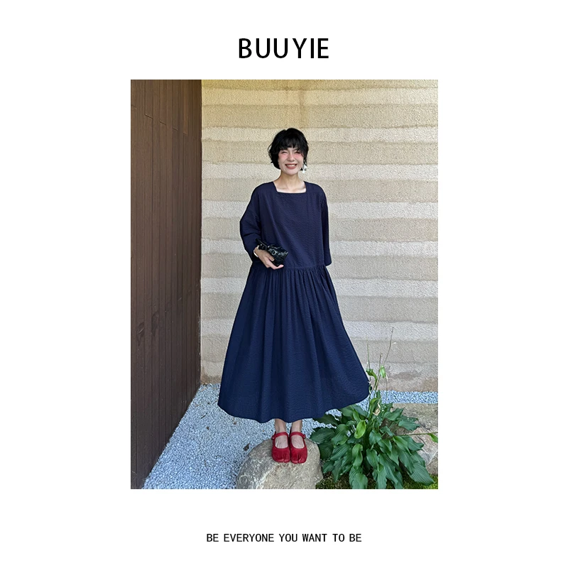 BUUYIE 25SS【韶华】简约风慵懒皱感肌理藏青连衣裙 250553