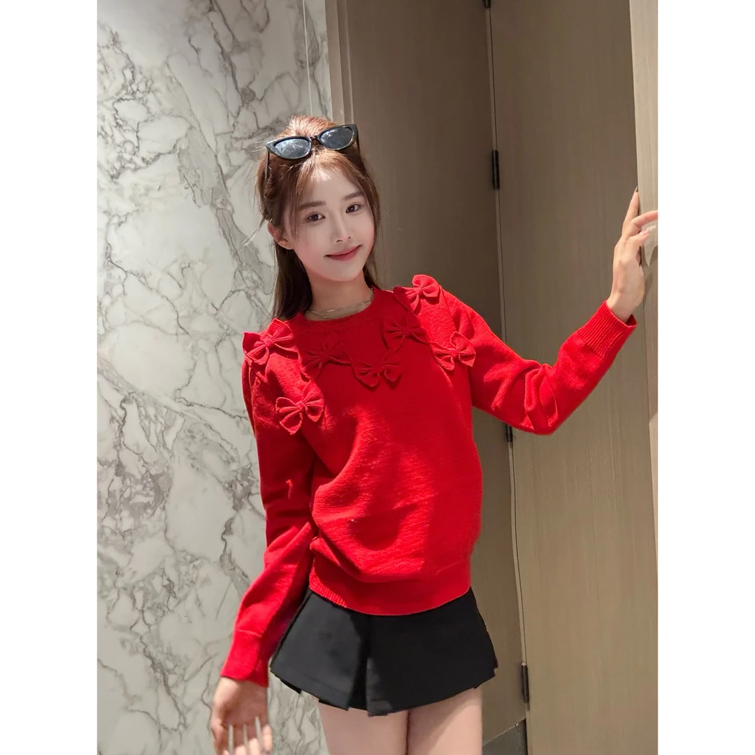 【SALE服饰】时尚百搭秋冬立体蝴蝶结红色针织衫女内搭