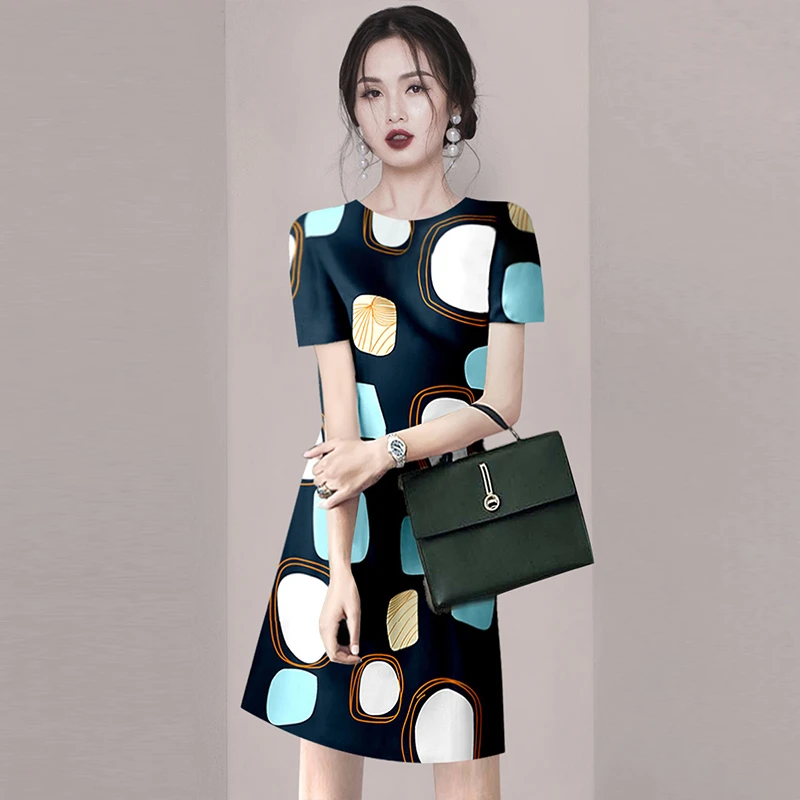 新款时尚印花气质连衣裙高级感小个子2025夏季古中裙女夏A字裙