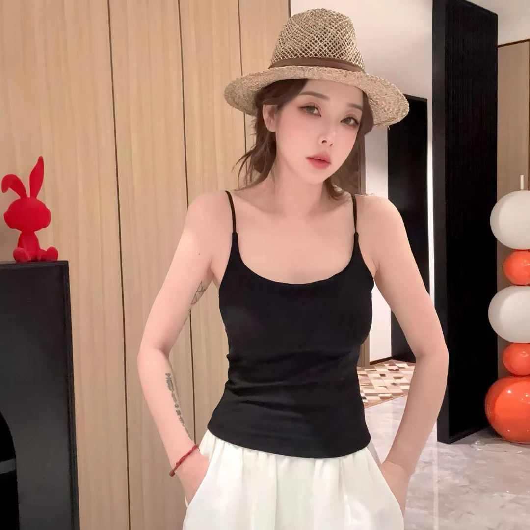 夏季新款带胸垫弹力修身女吊带简约百搭上衣