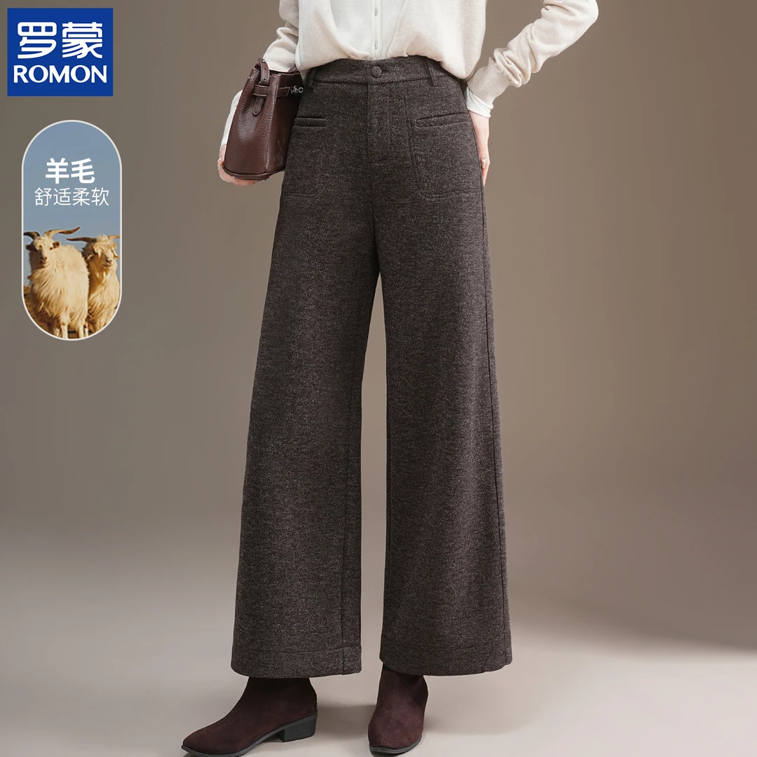 罗蒙气质冬款妈妈装中年休闲高腰百搭阔腿裤中老年女冬季羊毛长裤