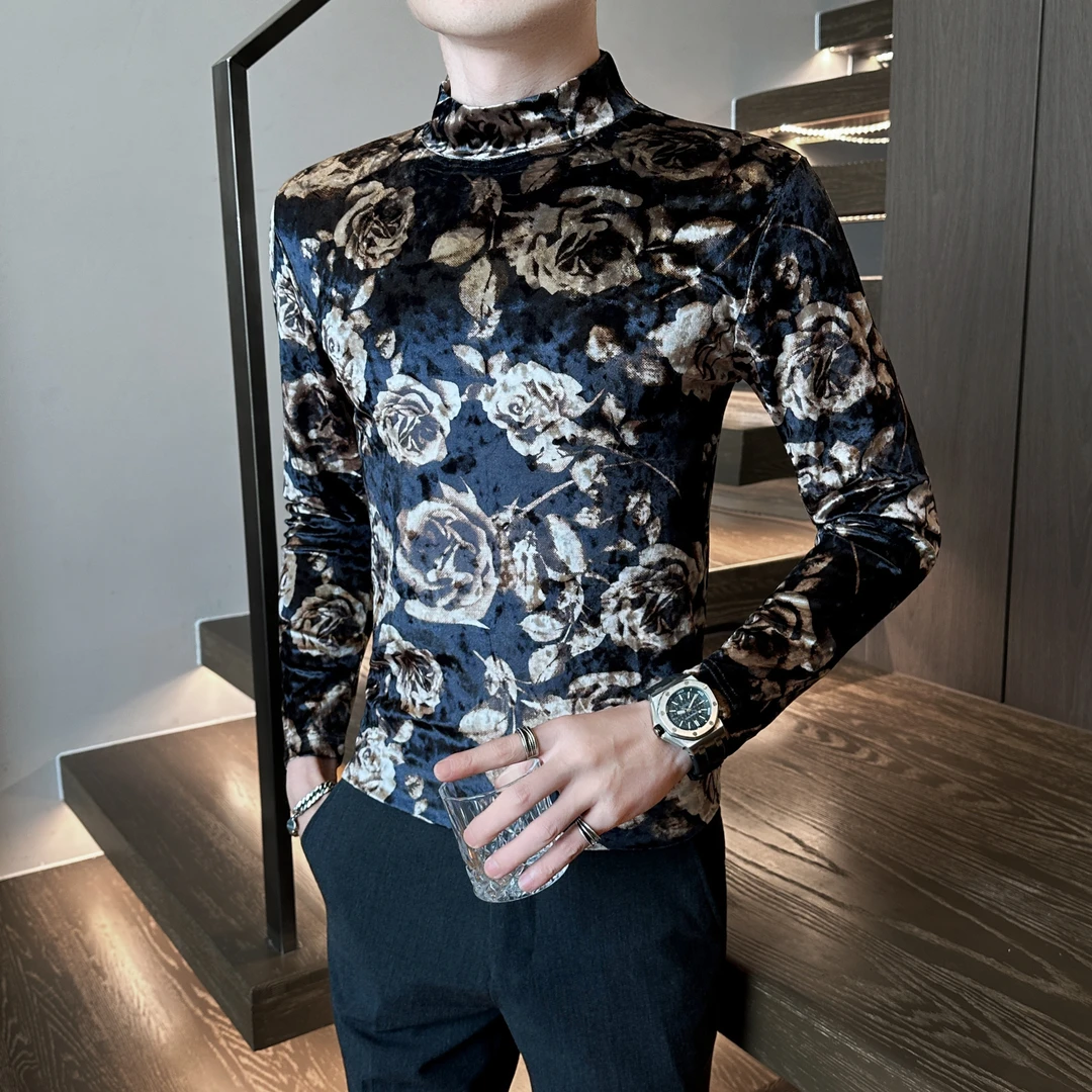 男士新款高级感丝绒印花半高领打底衫秋冬季潮流痞帅长袖T恤内搭
