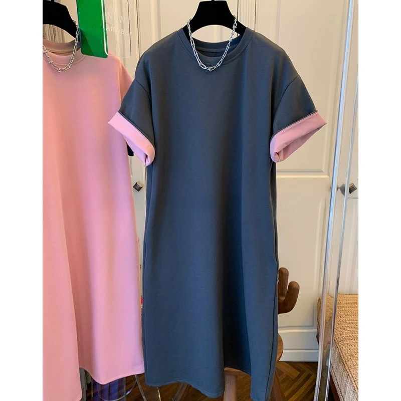 时尚高端精致撞色法式短袖T恤连衣裙子宽松长裙大码2025夏装新款