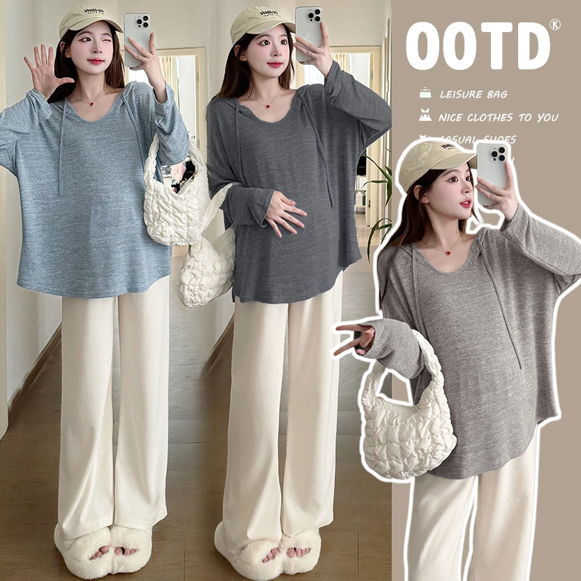 孕妇装春季新款孕期时尚百搭宽松大码连帽下摆休闲长袖T恤打底衫