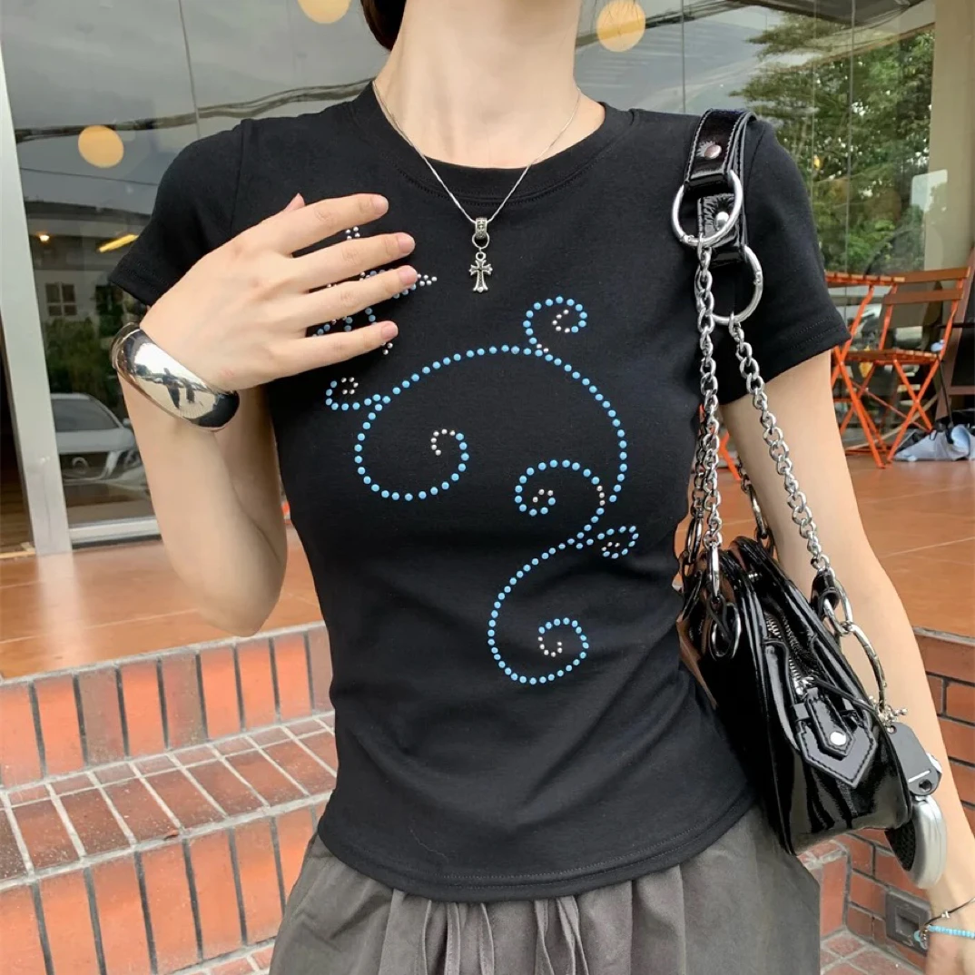 短袖轻职风圆领常规钉珠烫钻T恤修身打底时尚