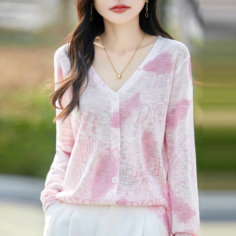 清凉一夏~清凉透气V领扎染开衫长袖时尚薄款气质针织衫女百搭洋气