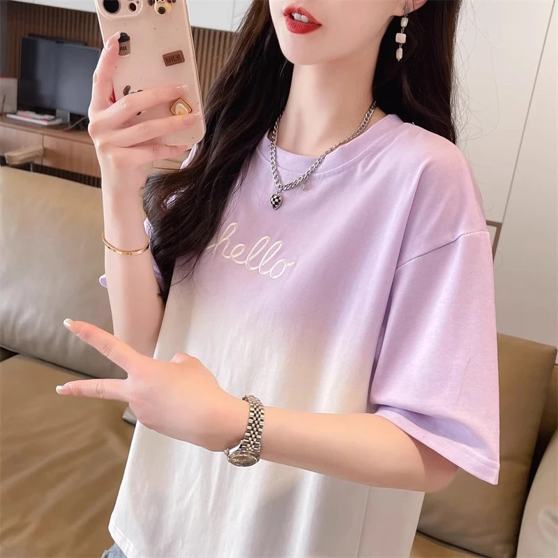 渐变色扎染短袖t恤女夏季2025新款宽松韩版设计感短款设计感上衣