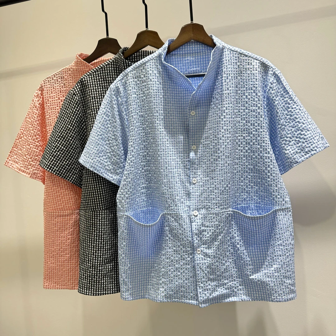 夏季休闲提花泡泡格子立领短袖衬衫潮牌INS男士百搭宽松口袋衬衣