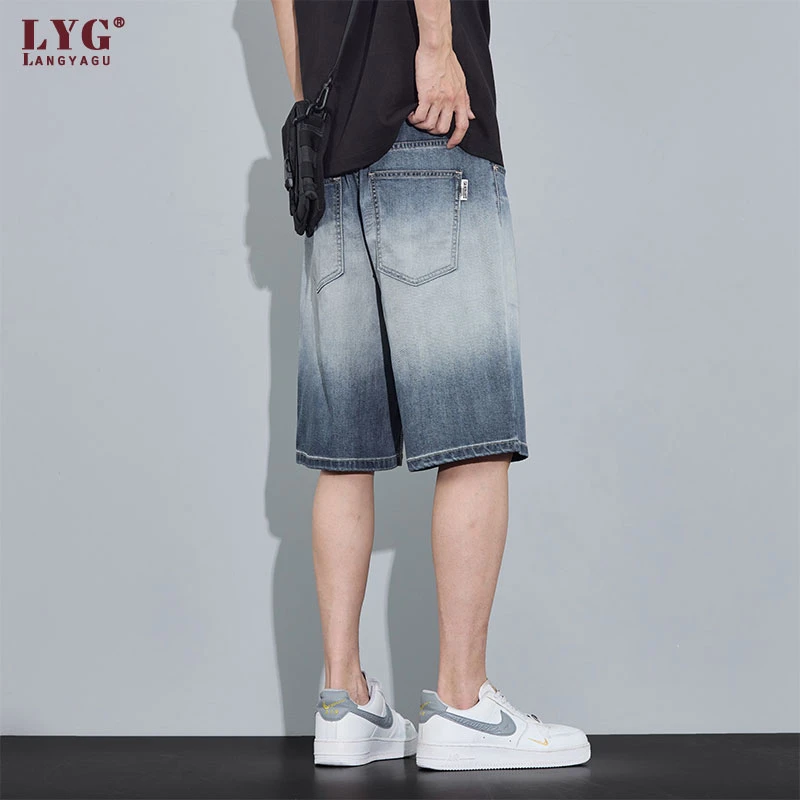 渐变色冰丝牛仔短裤男士夏季薄款宽松直筒垂感美式潮牌休闲五分裤