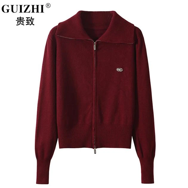 2025秋冬新款双拉链针织开衫女宽松显瘦洋气翻领百搭长袖外套毛衣