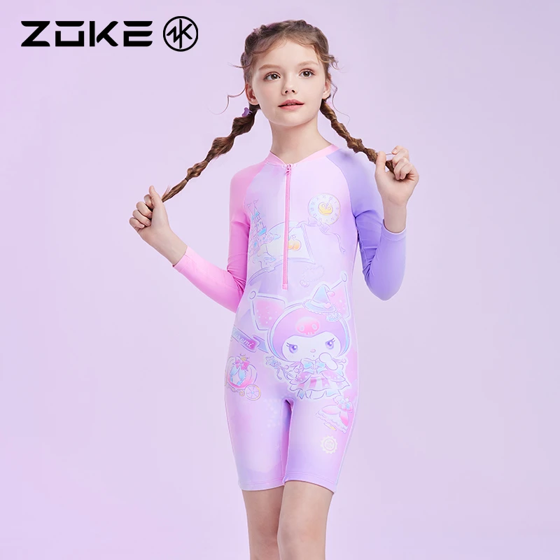 洲克儿童连体泳衣平角长袖防晒库洛米女孩速干游泳训练中大童套装