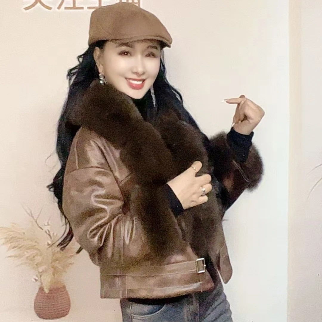 2025欧货冬季新款兔毛皮毛一体女款狐狸毛领短款皮衣外套