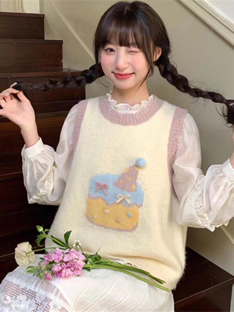 美式针织背心女秋冬新款卡通提花毛衣马甲叠穿宽松学院风甜美上衣