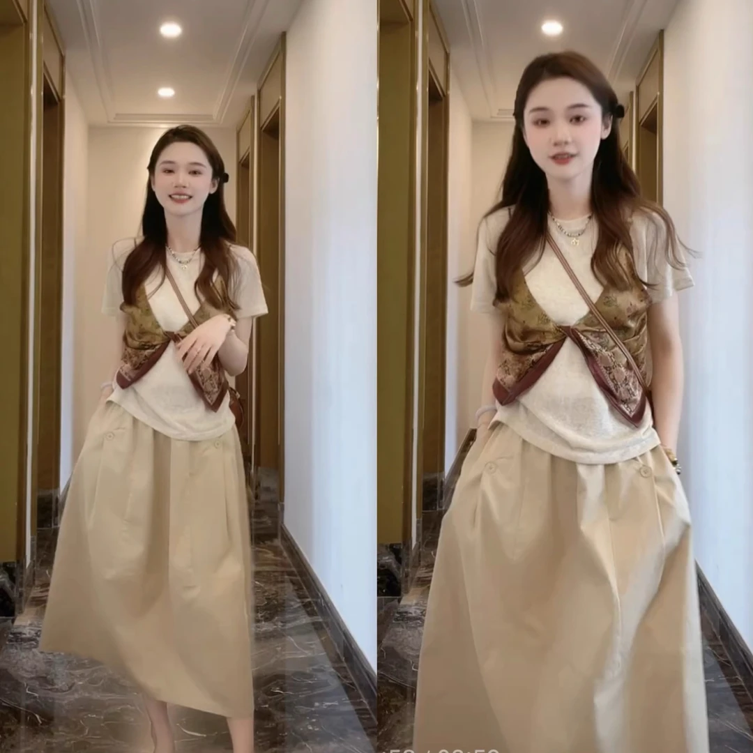 2025新款时尚日常休闲百搭设计温柔假两件T恤+设计款百搭工装裙女