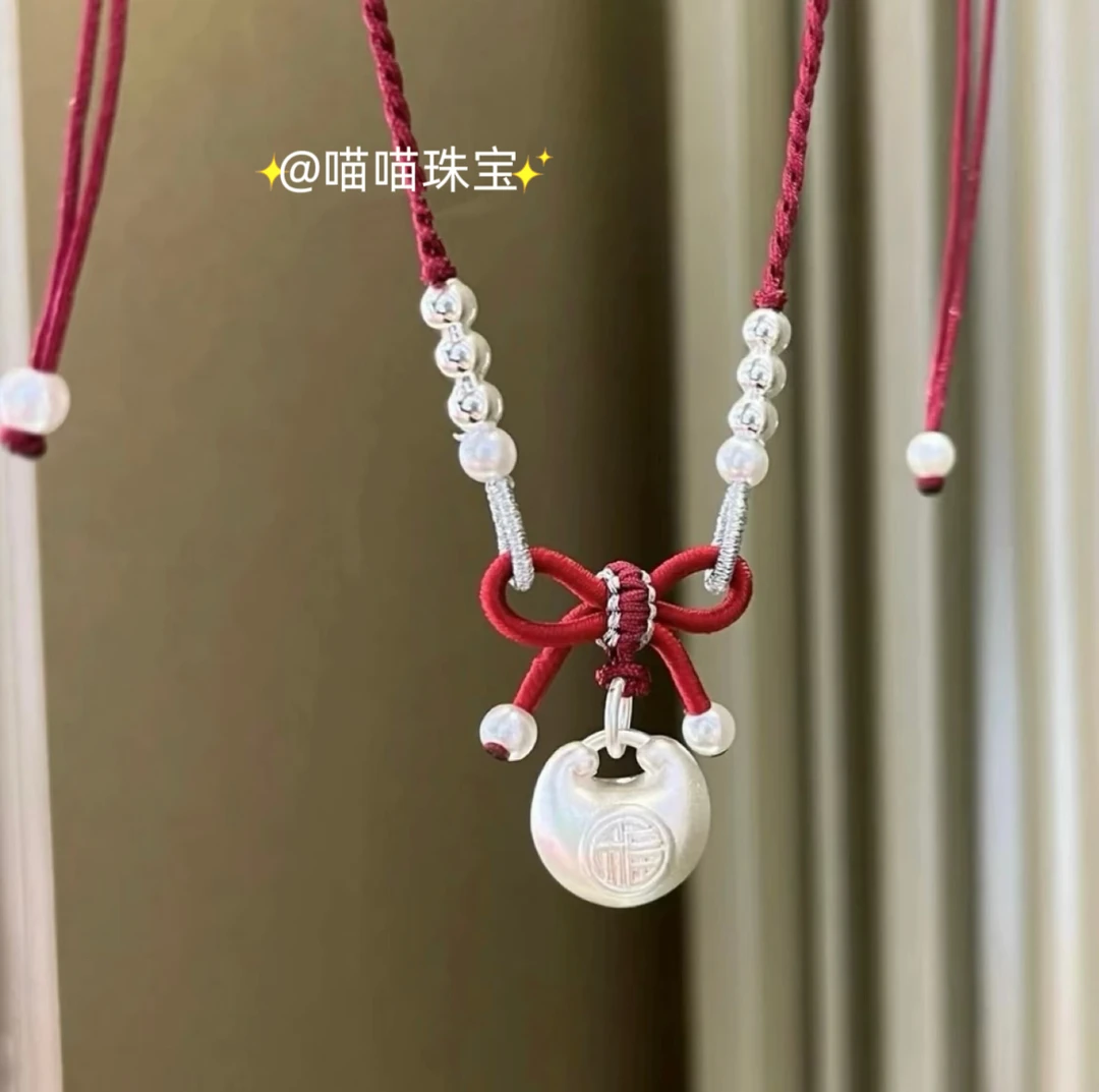 吊坠足银布艺足银999称心如意在逃公主小胖福秤砣吊坠蝴蝶结项链