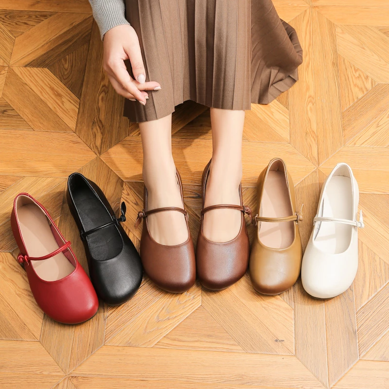 圆头皮带装饰0胶粘低跟浅口单鞋皮鞋鞋子欧若精灵风真皮复古学生