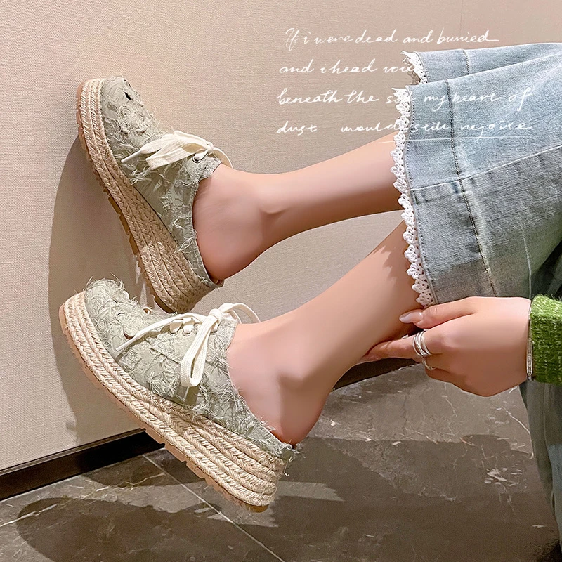 手工鞋5cm夏季新款简约休闲透气舒适系带松糕底纯色坡跟包头拖女