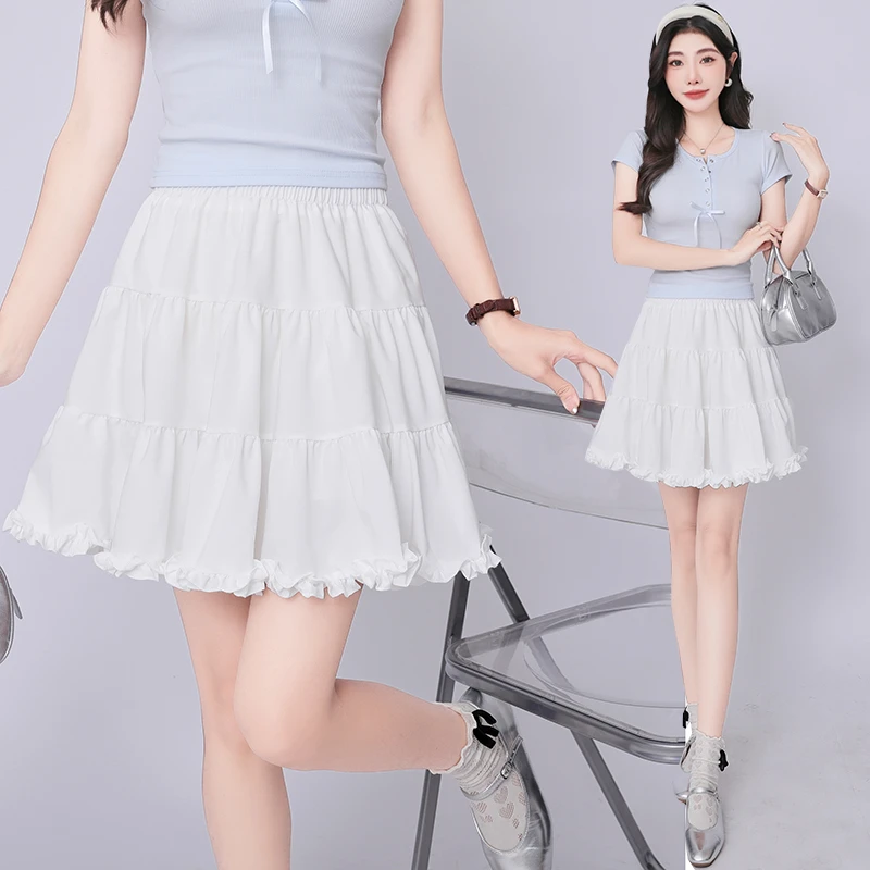 白色甜美木耳边蓬蓬蛋糕裙女夏季高腰显瘦百搭防走光韩版短裙子