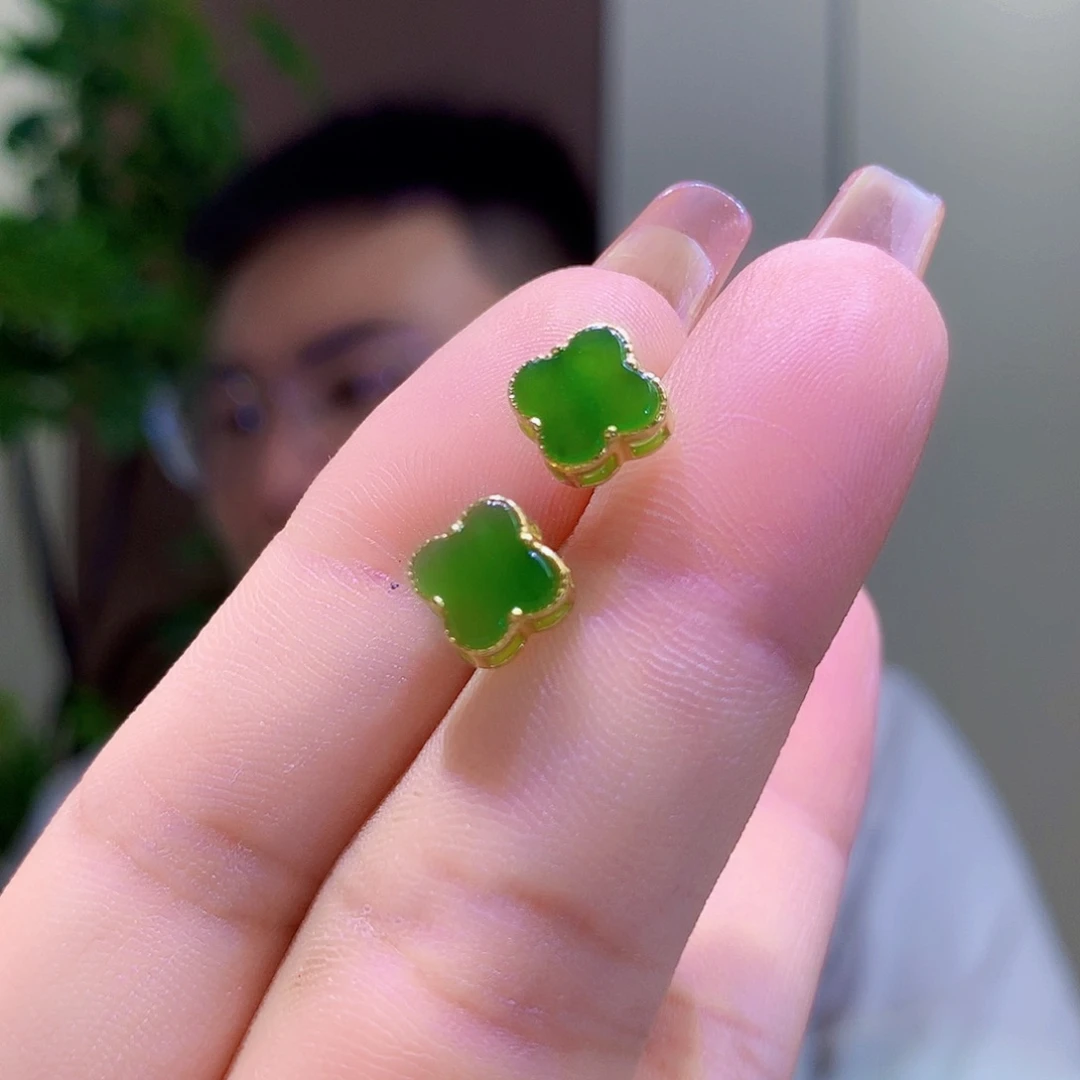 和田玉（碧玉）银S925镀金镶嵌耳饰