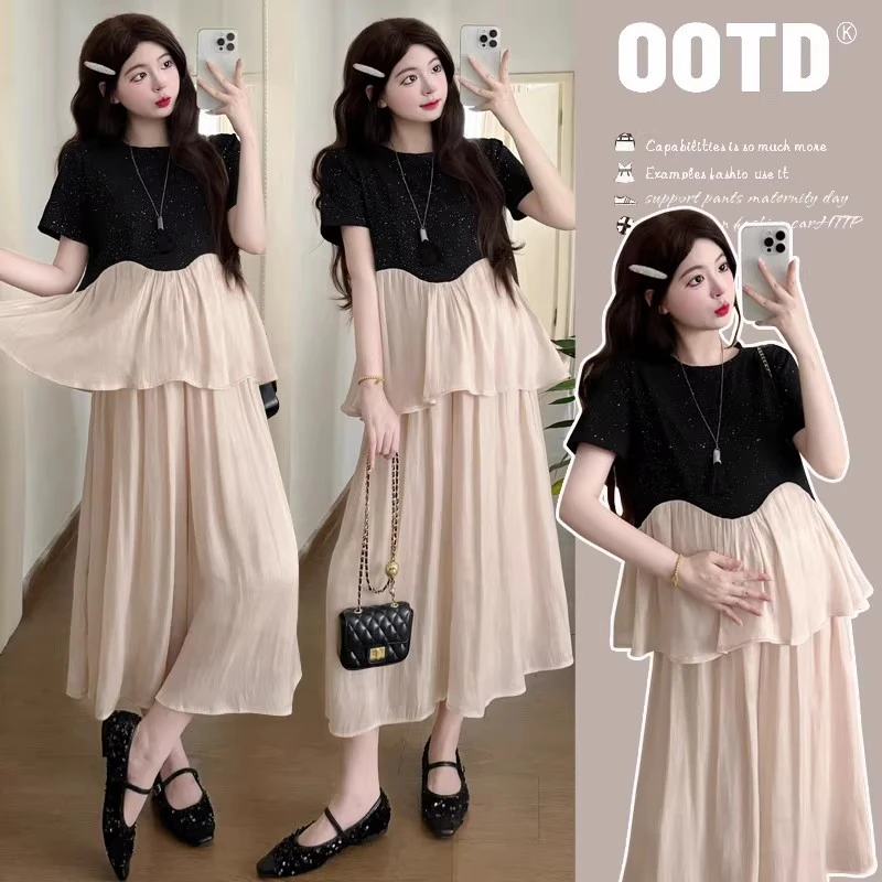 加宽加大码夏季法式气质高级感拼接阔腿裤上衣时尚孕妇装两件套