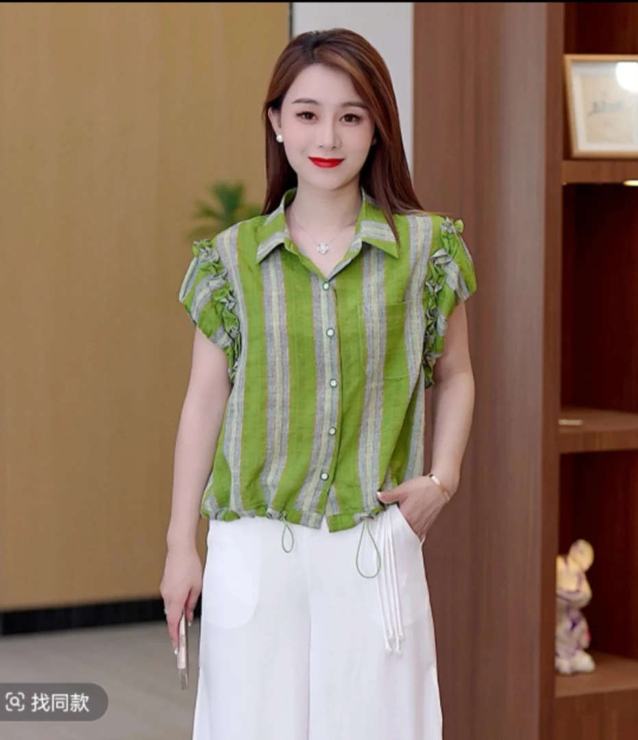 2025夏季新款撞色竖条纹短袖衬衫抽绳显瘦气质百搭 8812款