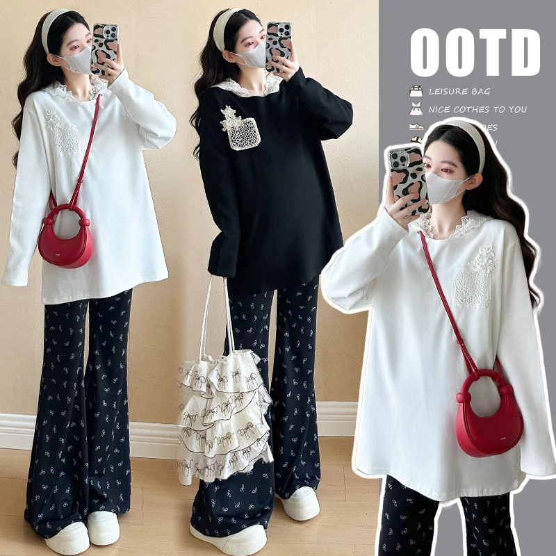 孕妇装春季新款连帽蕾丝拼接孕妇打底衫+显瘦长裤套装两件套