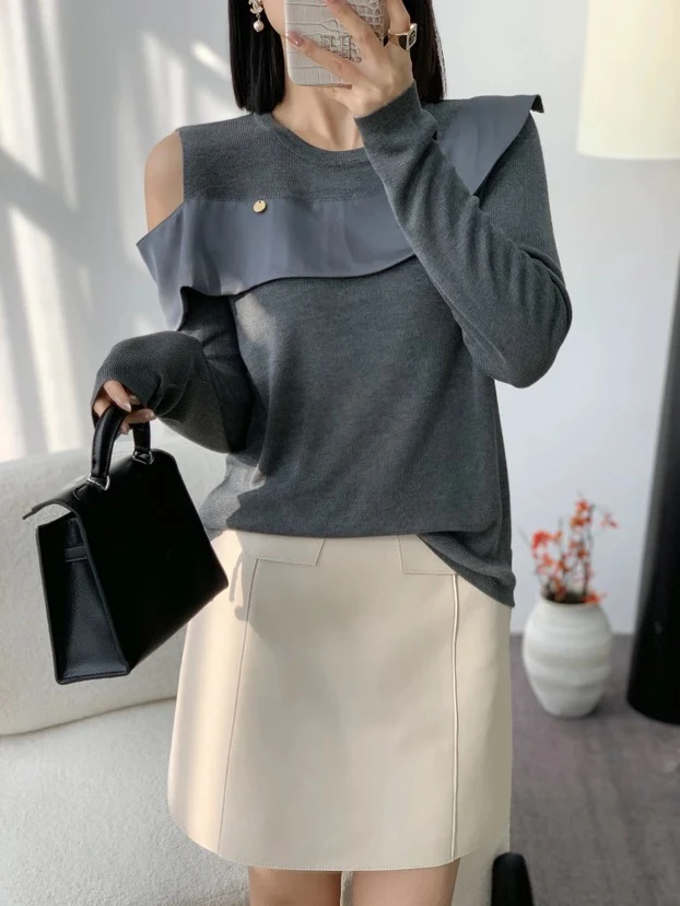 时尚打底露肩针织衫网红超薄