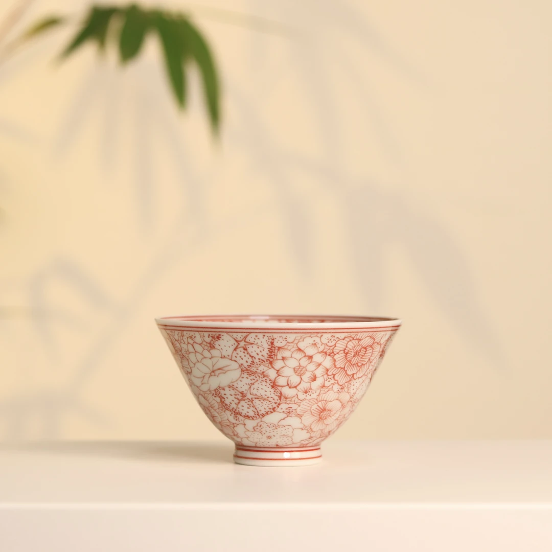 茗器山房 景德镇手绘釉下红万花主人杯岩茶杯 50cc