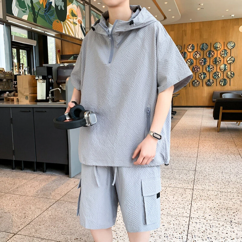 新款短袖套装男夏季ins短袖韩版宽松连帽帅气潮流百搭简约时尚潮