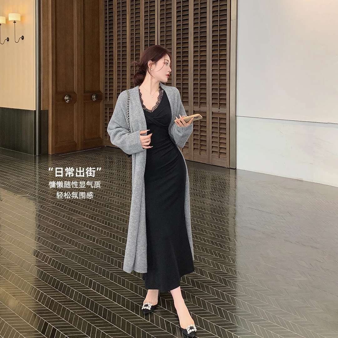 林关关【慵廓灰境】慵懒风长款保暖毛织大衣秋冬宽松百搭开衫外套女