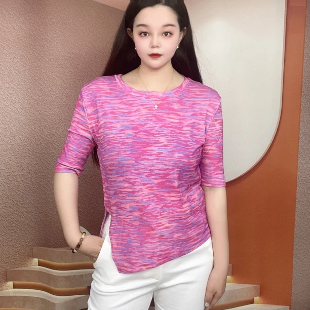2025夏季新款短袖圆领肌肤纱时尚显瘦印花T恤交叉上衣A325