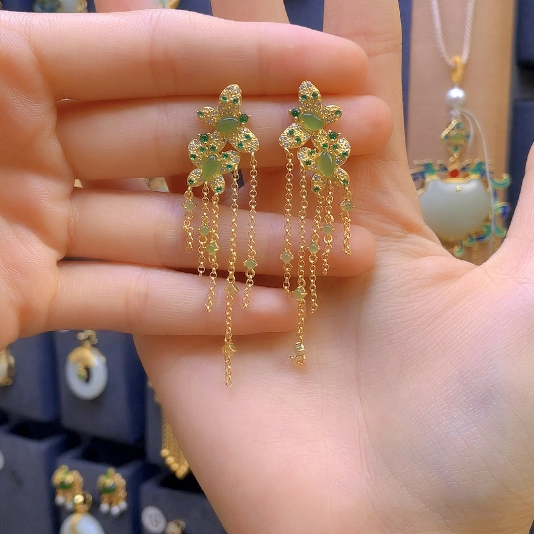 和田玉耳饰银S925镀金镶嵌