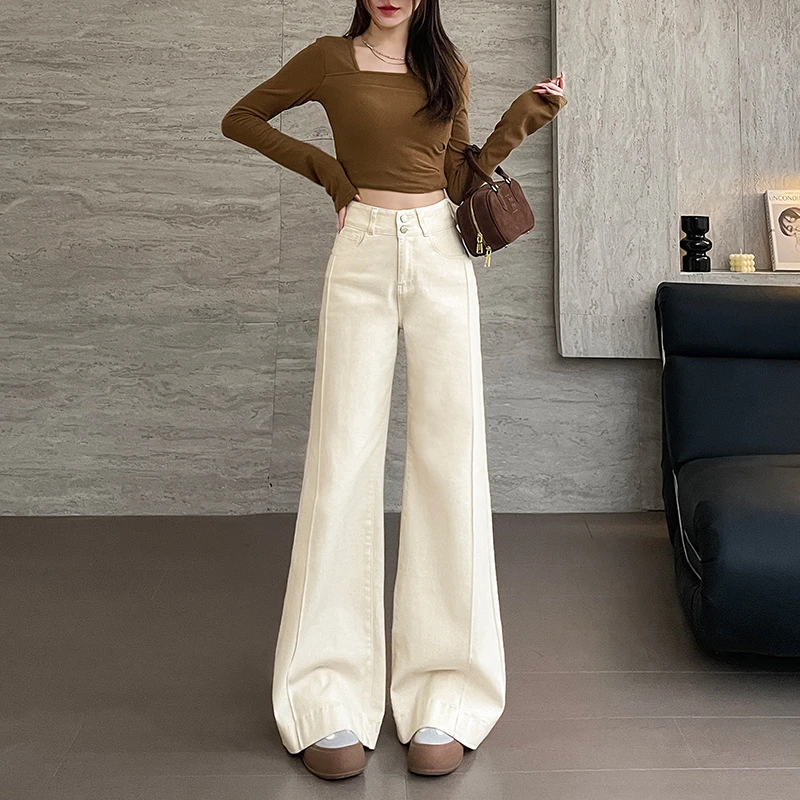 米白色大阔腿牛仔裤女秋季2025新款侧边拼接遮胯小个子弹力喇叭裤