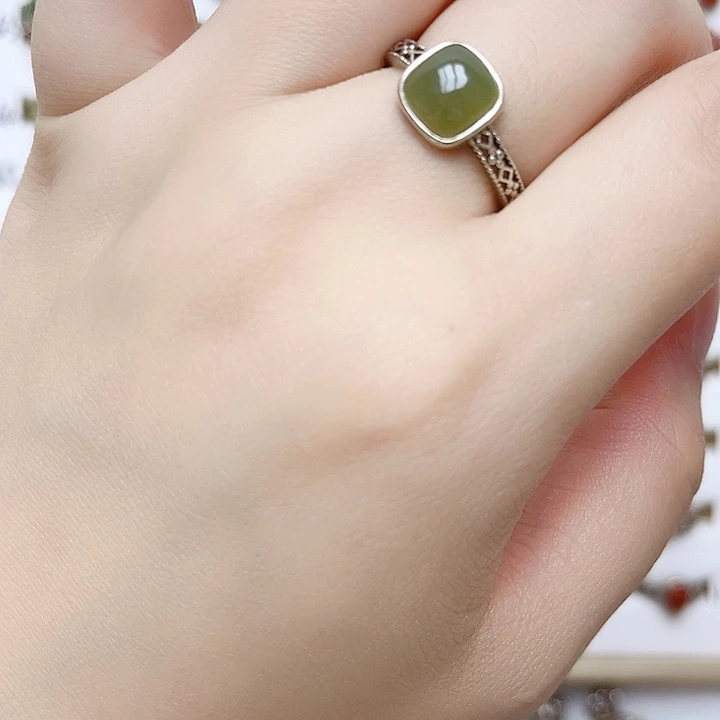 和田玉戒指银S925镶嵌天然