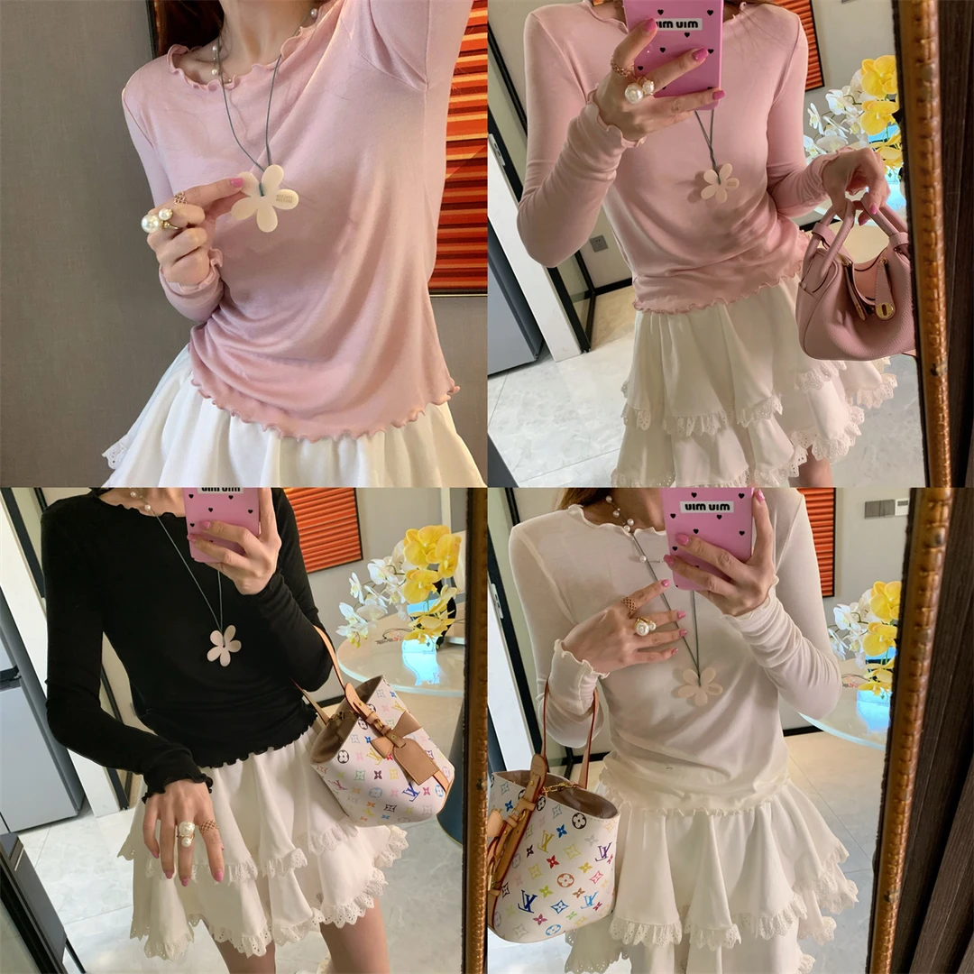 JENNIFER JXLIU巨好穿舒适^蜜桃粉面膜波浪边领弹力修身微透T恤