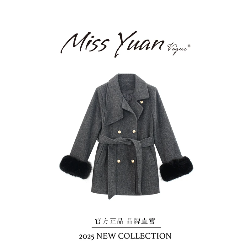2025秋冬新品韩系翻领短款气质显瘦收腰毛袖羊毛呢外套