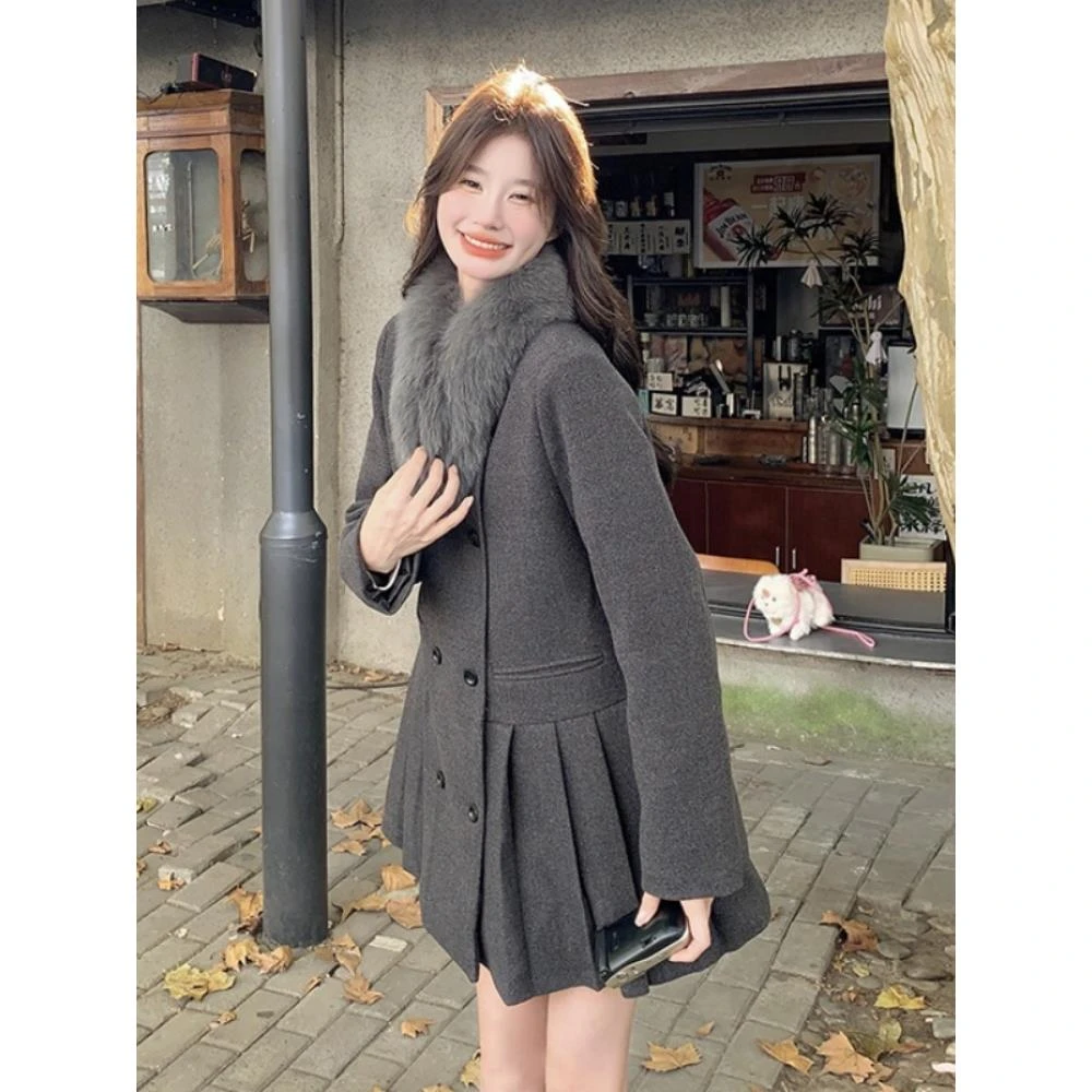 miu系高级灰色小香风西装毛呢羽绒服外套女冬新款90白鸭绒呢大衣