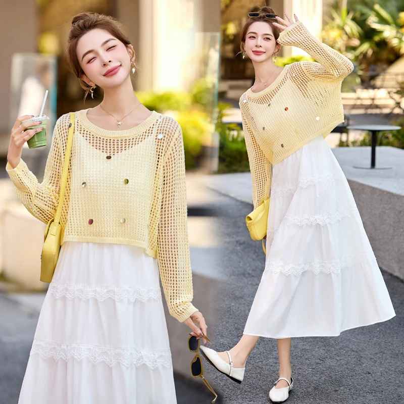 2025春新品洋气减龄圆领亮片针织长袖上衣蕾丝吊带连衣裙穿搭