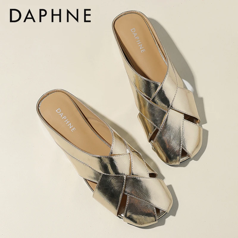 达芙妮复古包头凉鞋女2025新款夏季外穿穆勒鞋编织半拖坡跟凉拖鞋