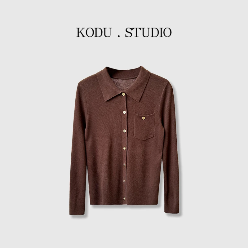 M【刻度KODU】BM-4618秋季知性气质百搭POLO领口袋设计单排扣针织衫